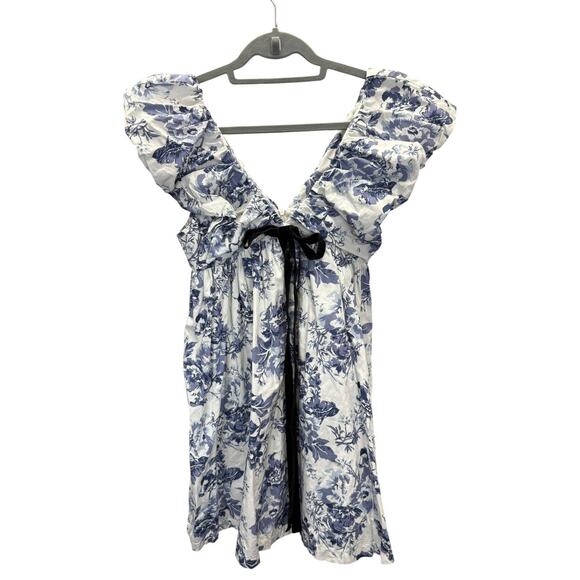 O.P.T Blue Floral Ruffle Mini Dress Cotton Lined Deep V Bow Detail Size XS - Picture 3 of 10